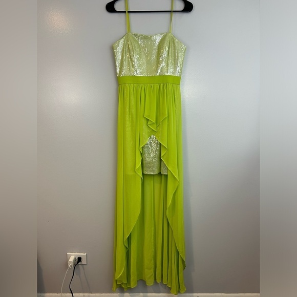 Cache Bright Green Sequin Chiffon Strapless High-Low Maxi/Mini Dress Size 4 Lime - Picture 2 of 16